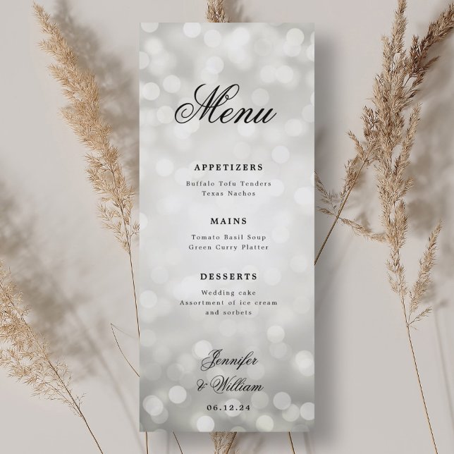 Menu Luzes de Prata de Casamento de Script Elegante (Elegant Script Wedding Silver Bokeh Lights Menu)