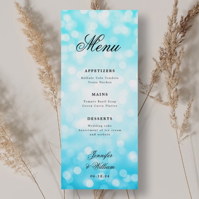Menu Luzes Turquoise Bokeh de Casamento Elegante (Elegant Script Wedding Turquoise Bokeh Lights Menu)