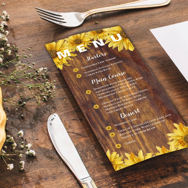 Menu Madeira russa Girassol Festa de casamento amarela  (Rustic Wood Sunflower Bright Yellow Wedding Party Menu)