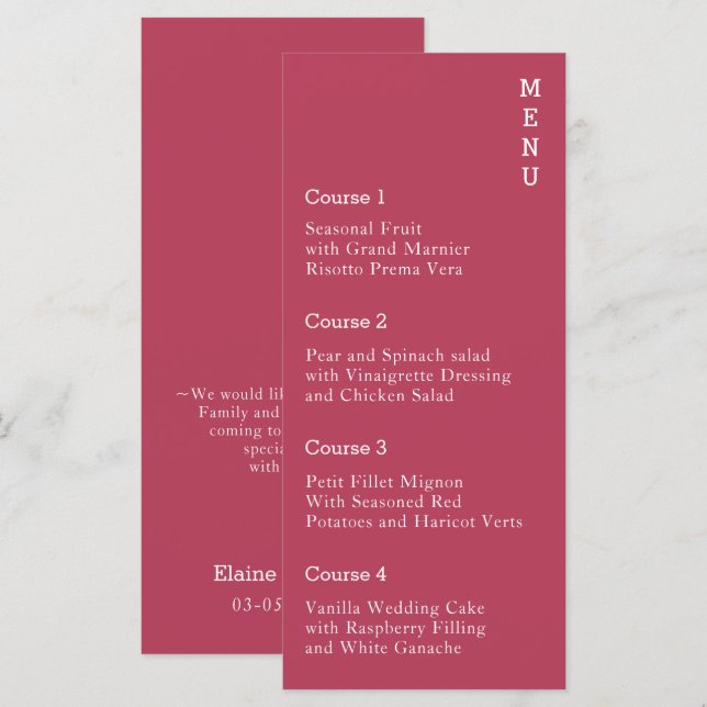 Menu Magenta Simple Modern Wedding (Frente/Verso)