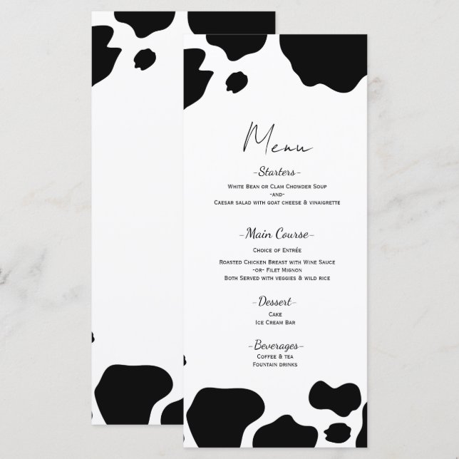 Menu Manchas de Vaca Leiteira Impressão Cardápio de Cas (Frente/Verso)