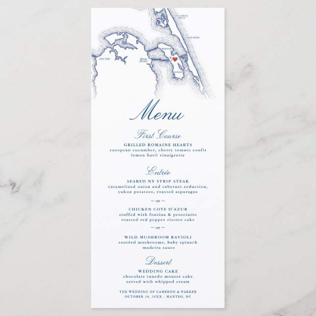 Menu Manteo Roanoke NC Map Marinho Elegante Casamento A (Frente)