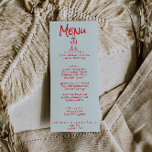Menu Manuscrito Desenho Azul Vermelho Retro Quirky Casa<br><div class="desc">Um retro fedorento moderno e vívido menu de janto de casamento vermelho. Que apresenta modelo de chic de boho vintage luz azul-céu e uma tipografia vermelha vívida brilhante e menu escrito à mão em vermelho. E óculos de champanhe desenhados à mão. Com fundo creme com monograma no fundo. Perfeito e...</div>