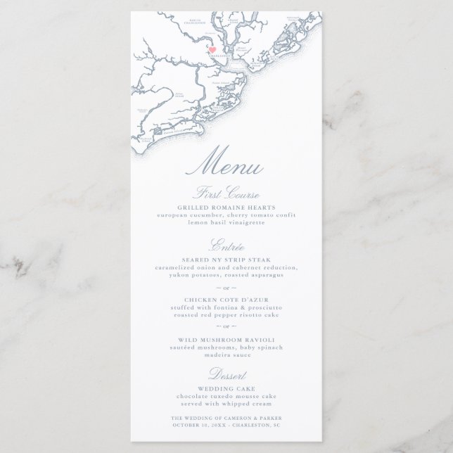 Menu Mapa de Charleston SC Elegante Casamento Azul Empo (Frente)