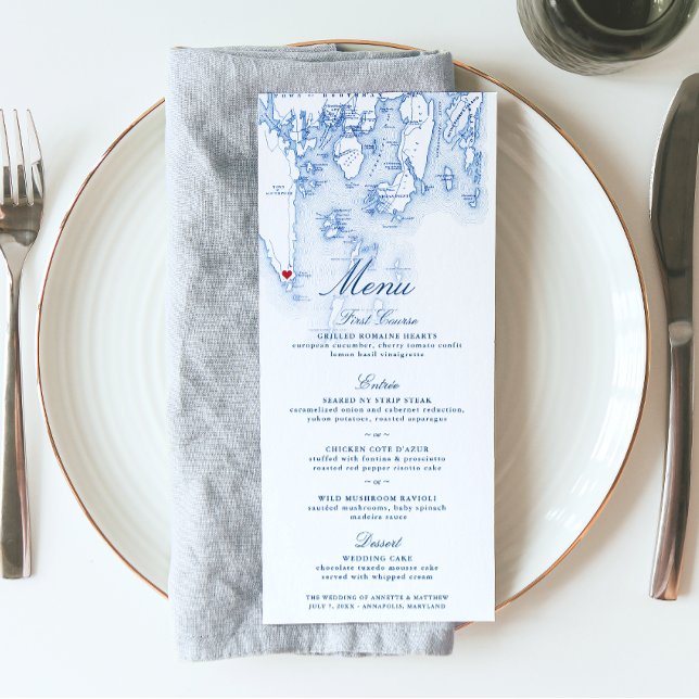 Menu Mapa Elegante do Marinho do Mapa de Boothbay Harbo (These Navy Blue Southport Maine wedding menus are perfect for your destination wedding to Boothbay)