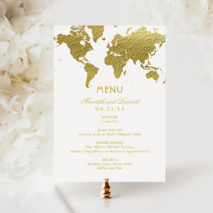 Menu Mapa Mundial Dourado Elegante Casamento Personaliz