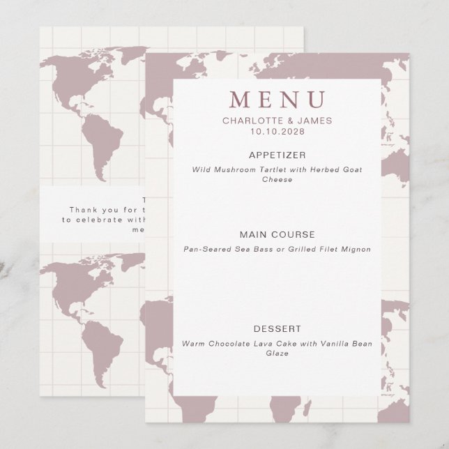 Menu Mapa Mundial Rosa Empoeirado Favor de Casamento de (Frente/Verso)