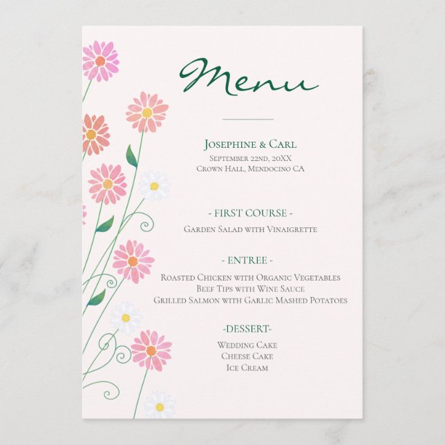 Menu Margarida Campestre Fofa em Tons Rosas de Primaver (Frente)