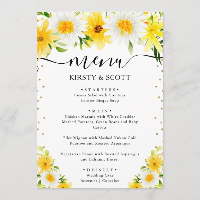 Menu Margaridas e Flores Amarelas de Verão Casamento (Frente)