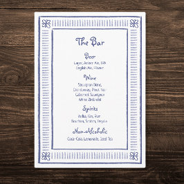 Menu Marinho Azul, Bar de Casamento Desenhado à Mão Pla