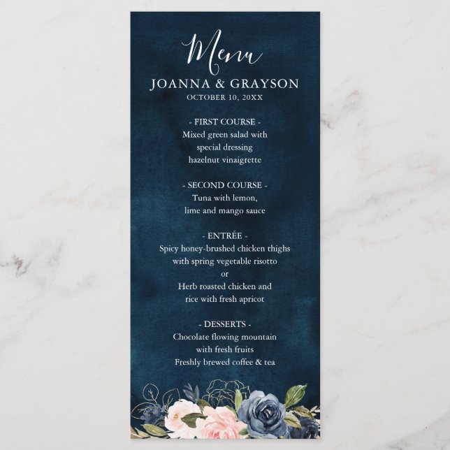 Menu Marinho Azul Blush Rosa Rosa Boho Casamento (Frente)