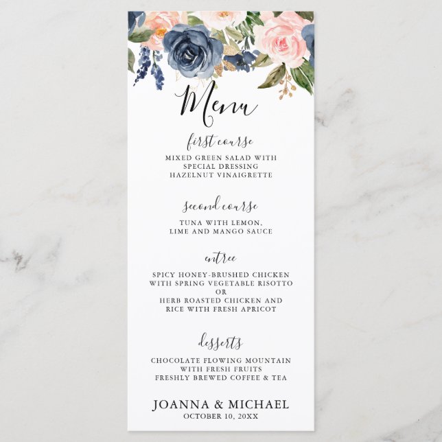 Menu Marinho Azul Blush Rosa Rosa Boho Casamento (Frente)