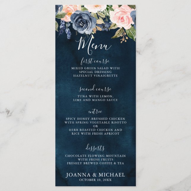 Menu Marinho Azul Blush Rosa Rosa Boho Casamento (Frente)