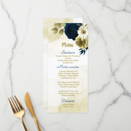 Menu Marinho azul de marfim de ouro floral casamento