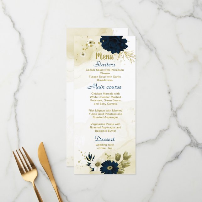 Menu Marinho azul de marfim de ouro floral casamento (Frente/Verso In Situ)