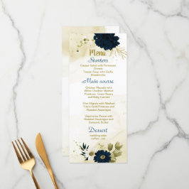 Menu Marinho azul de marfim de ouro floral casamento
