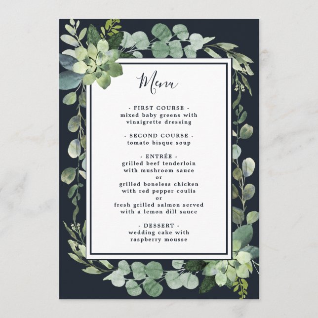 Menu Marinho Azul de Meia-Noite Casamento Suculento (Frente)