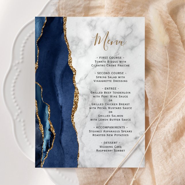 Menu Marinho Azul Dourado Agate Marble Casamento (Criador carregado)