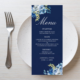 Menu Marinho Azul Dourado Floral Elegante Noite Casado