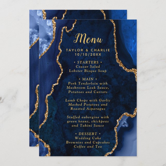Menu Marinho Azul e Dourado Agate Marble Weding (Frente/Verso)