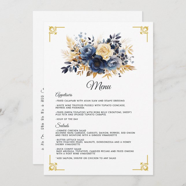 Menu Marinho Azul e Dourado Casamento Floral (Frente/Verso)