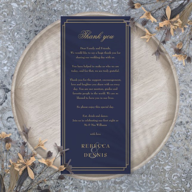Menu Marinho Azul E Recepção Dourada Obrigado Colocar C (Navy Blue And Gold Reception Thank You Place Card)