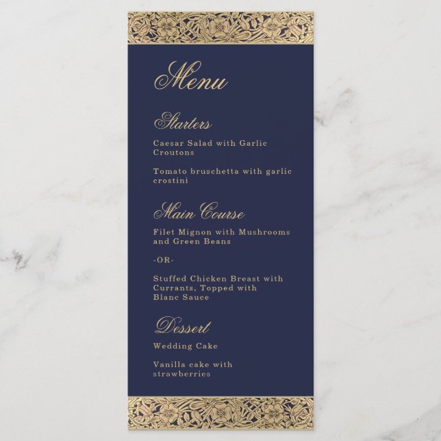 Menu Marinho Azul Elegante Vintage Rosas Selvagens Dour (Frente)