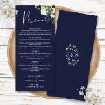 Menu Marinho Azul Floral Verde Monograma Janto Casado<br><div class="desc">Este elegante marinho azul verde botânico floral deixa o menu de casamento pode ser personalizado com suas informações em tipografia química com suas iniciais de monograma no verso. Projetado por Thisnotme©</div>