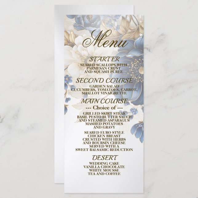 Menu Marinho Azul Ouro Branco Prata Floral (Frente/Verso)