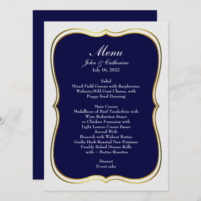 Menu marinho Azul Simples Elegance Weding (Frente/Verso)