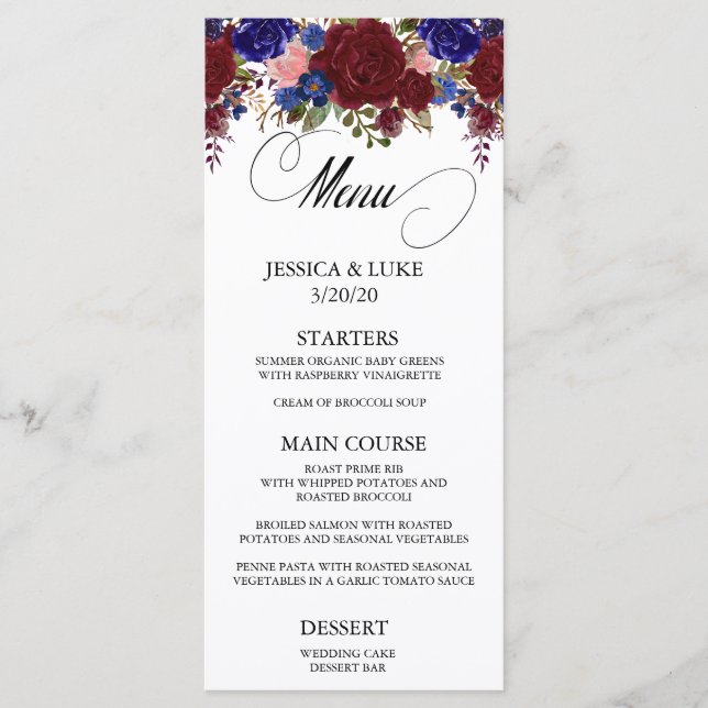 Menu Marinho Burgundy Caligrafia Floral (Frente)