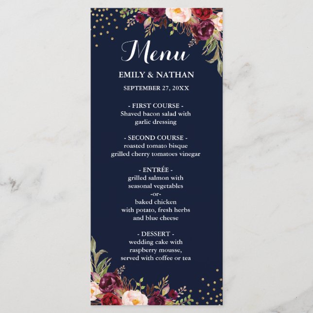 Menu Marinho Burgundy Dourada Confetti Floral WedeMenu (Frente)
