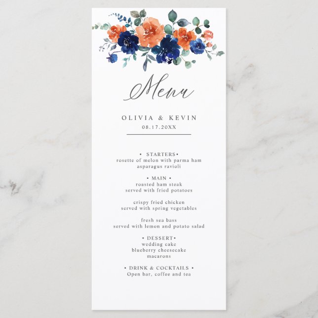 Menu Marinho Burnt Orange Floral Boho Summer Casamento  (Frente)