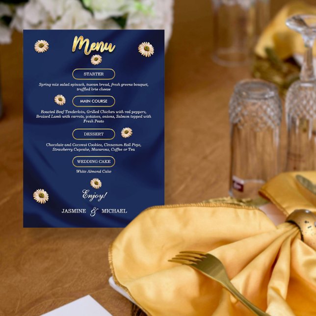 Menu Marinho Clássico Azul e Dourado Floral Elegante de (Criador carregado)