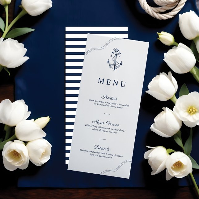 Menu Marinho de Anchor e Corda Náutica Monograma e Bran (Anchor & Rope Nautical Monogram Navy & White Menu)