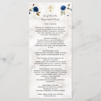 Menu Marinho de Aquarela Azul, Batismo Floral Dourado
