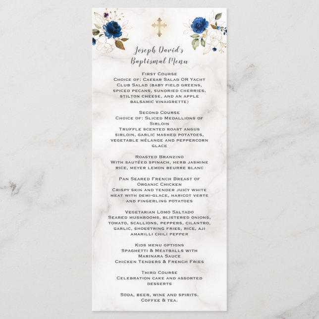 Menu Marinho de Aquarela Azul Dourado Batismo Floral (Frente)