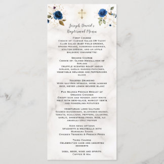 Menu Marinho de Aquarela Azul Dourado Batismo Floral