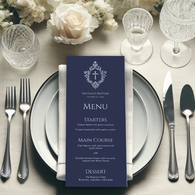 Menu Marinho de Batismo Azul Cruz Crest Elegante (Criador carregado)