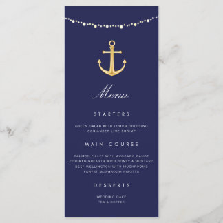 Menu Marinho de Casamento de Âncora Náutica Azul Doura