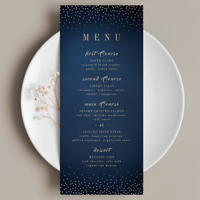 Menu Marinho e brilho Dourado Casamento sofisticado de  (Navy & Gold Glitter Sophisticated monogram wedding Menu)