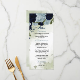 Menu marinho e flores azuis empoeiradas casamento verde