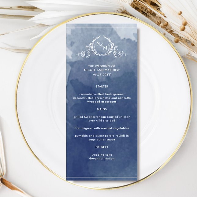 Menu Marinho Elegante Blue Watercolor, Casamento Monogr (Criador carregado)