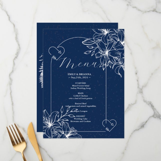 Menu Marinho Elegante clássico Casamento azul (Frente/Verso In Situ)