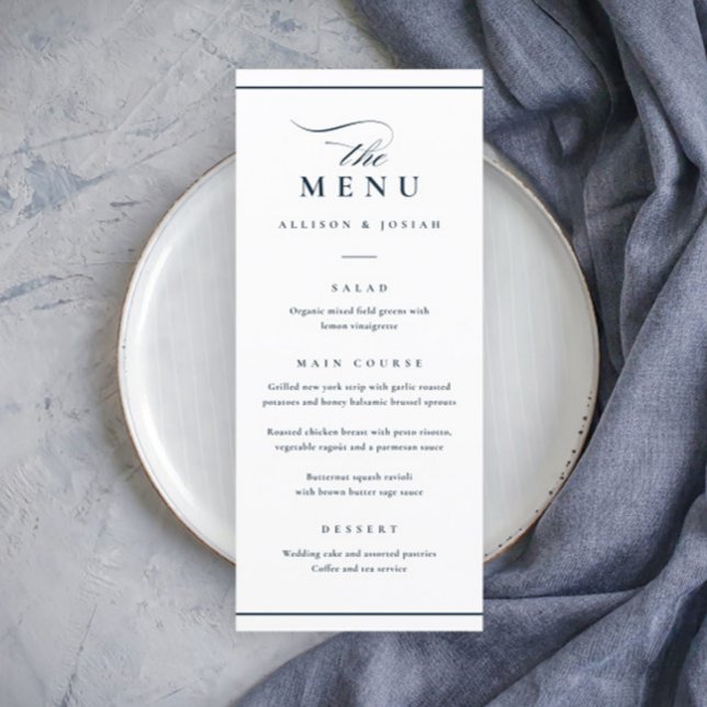 Menu Marinho Elegante Clássico Casamento Azul e Branco (Elegant Navy Blue and White Wedding Menu.)