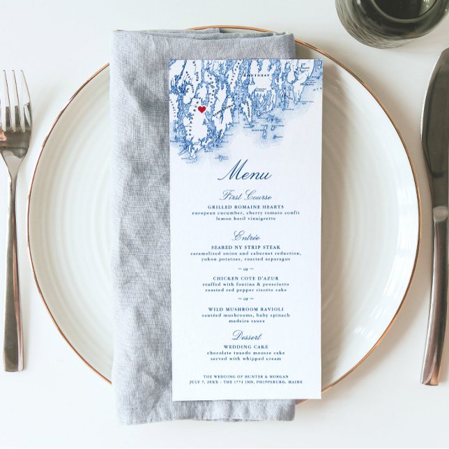 Menu Marinho Elegante De Casamento De Destino De Phipps (This Phippsburg Maine map menu is perfect for your 1774 Inn destination wedding)