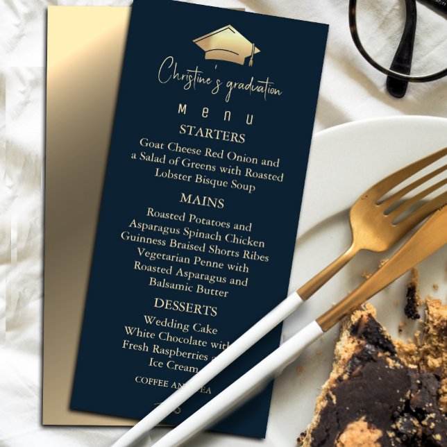 Menu Marinho Elegante - Graduação Azul e Dourada (Elegant Navy Blue and Gold Graduation Menu #graduationmenu #dinner #graduate)