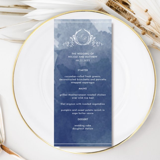 Menu Marinho Elegante Monograma Azul Casamento de Aquar (Criador carregado)