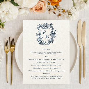 Menu Marinho Floral Azul Monograma Desenho De Mão Casam
