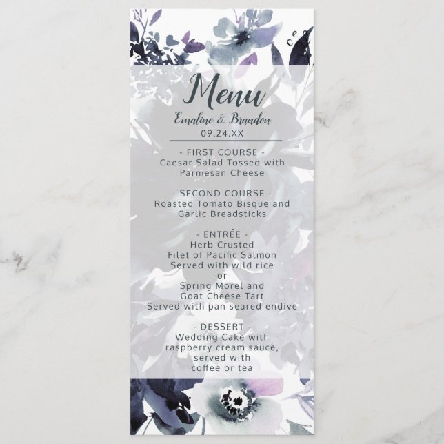 Menu Marinho Floral Nocturno Blue Chic Janta de Aquarel (Frente)